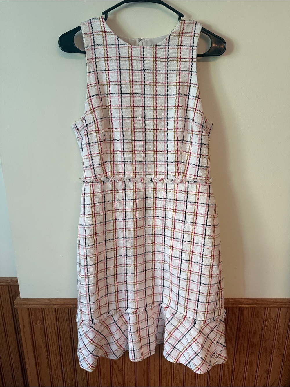 J. Crew White Dress with Red and Navy Plaid Accents